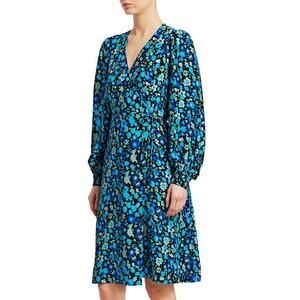 Ganni Blue Wrap Dress Azure Blue Floral V Neck‎ Long Sleeve Silk Blend Sz 0
